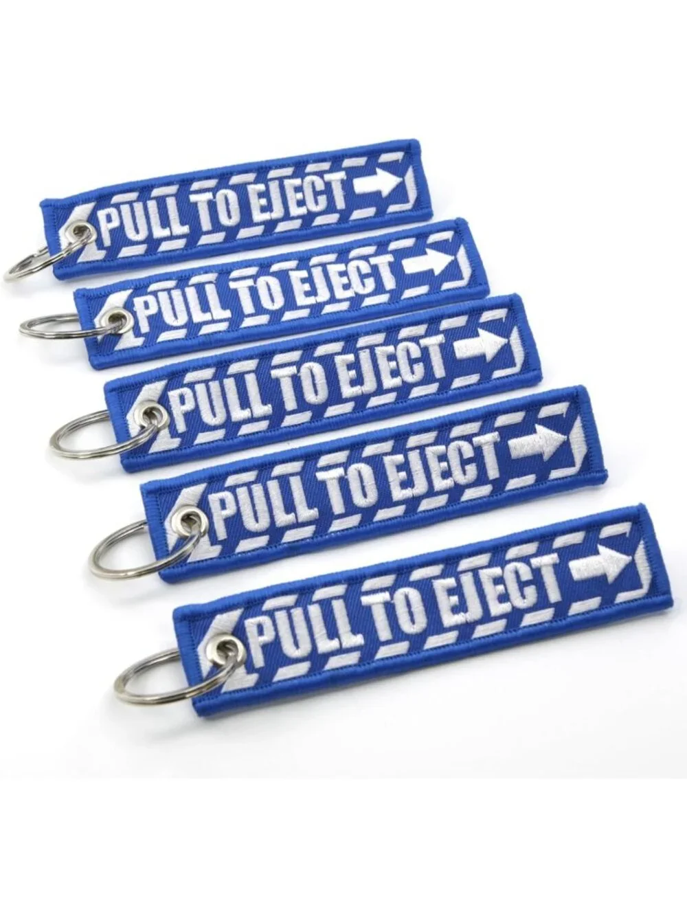 Blue Jet Tag Keychain - PULL TO EJECT Design with White Embroidery - Unique Gift
